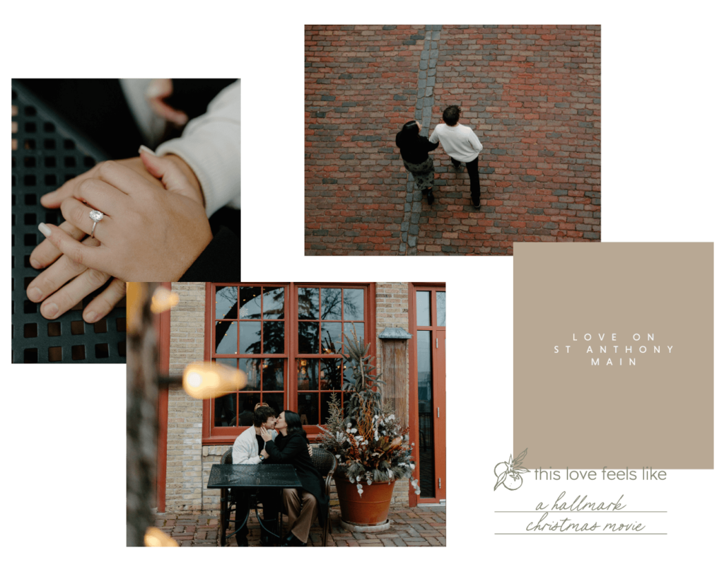 Couple engagement shoot on cobblestone streets in downtown Minneapolis