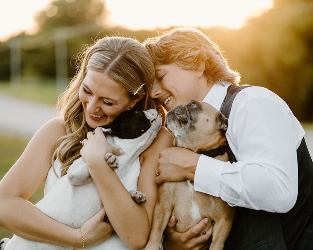Bride and groom take portraits with their dogs during golden hour