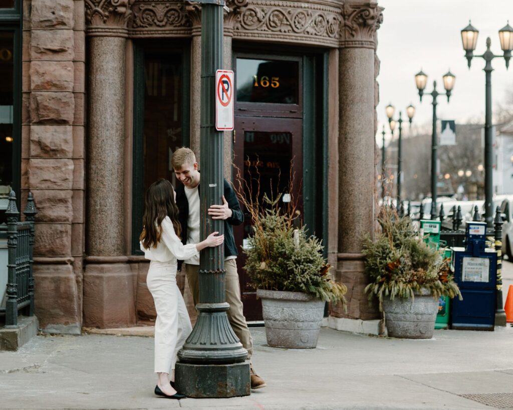 Playful and whimsical engagement photoshoot in downtown Saint Paul.